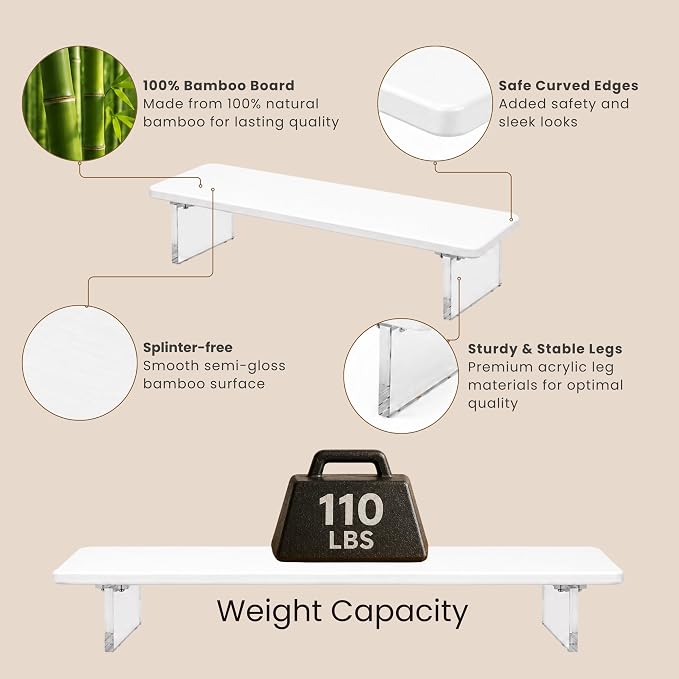 Bamboo Monitor Riser, Wide Desktop Monitor Stand for Desk with Clear Acrylic Legs, 31.5 x 8 inch Bamboo Wood Shelf, Fit Keyboard, Home Office Workspace Accessories, Study Stationaries Storage (White)