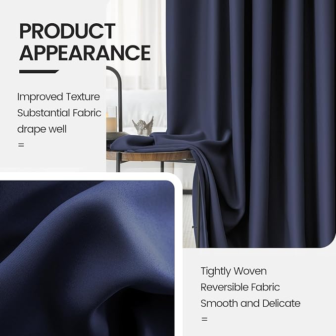 Navy Room Darkening Curtains 96 Inches Long - Uv Light Blocking Heat Reducing Curtains for Energy Efficient Saving - Blackout Slider Curtain for Sliding Glass Door 2 Panel Sets