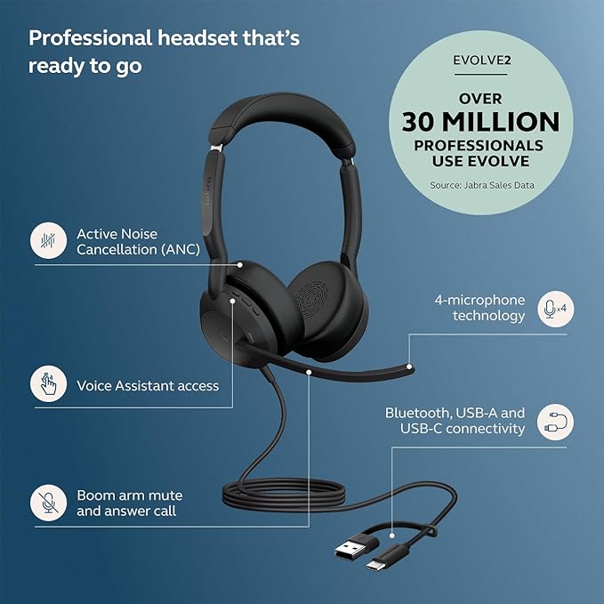Jabra Evolve2 50 Wired Dual-Ear Headset - Noise Cancelling Headphones, Bluetooth Headset for Work with Noise Cancelling Microphones, Goes with Online Meeting Platforms Like Microsoft Teams, Black