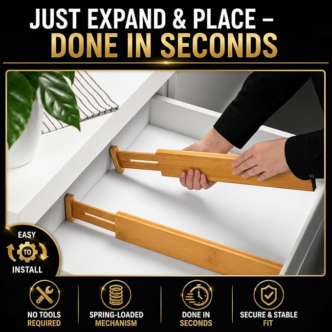 Adjustable Bamboo Drawer Dividers Expandable 8 Pack 17-22 Organizer | Kitchen, Dresser, Closet, Bathroom, Bedroom & Office Storage, Solid Moso Bamboo, Spring-Loaded, 80 Labels