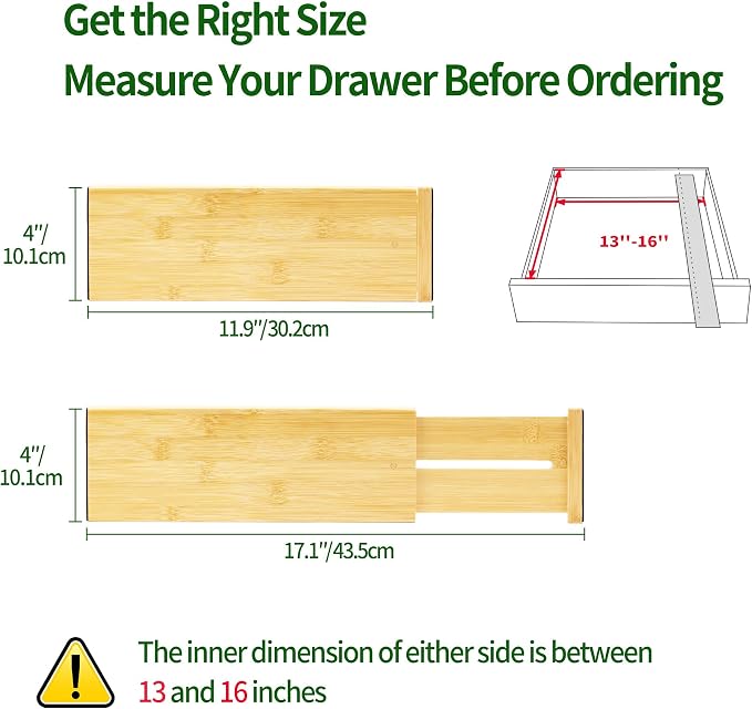 VaeFae 3 Pack Bamboo Drawer Dividers, 4" High Adjustable 11.9-17.1" Clothes Drawer Organizers, Expandable Separators for Bedroom/Bathroom/Kitchen/Office Storage