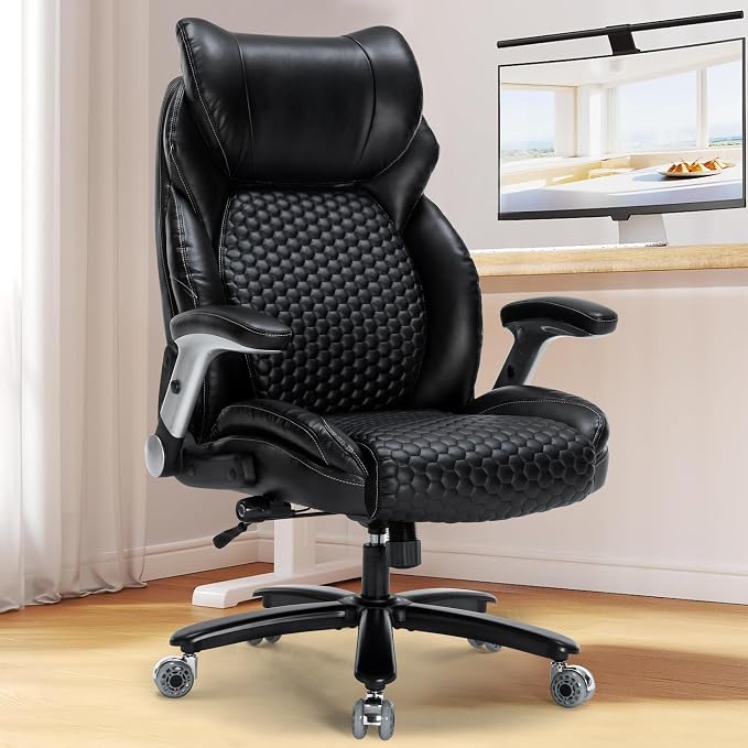 Heavy Duty Office Chair-500 lbs Ergonomic Leather Desk Chair Featuring Adjustable Headrest and Lumbar Support High-Back Swivel Task Chair for Heavy People Computer Chair with Flip-Up Armrests