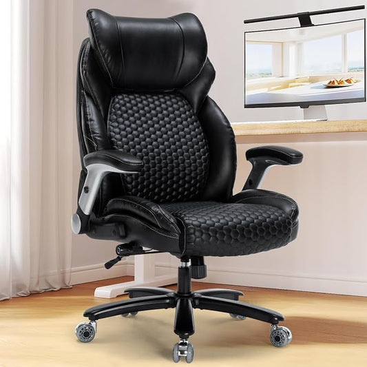 Heavy Duty Office Chair-500 lbs Ergonomic Leather Desk Chair Featuring Adjustable Headrest and Lumbar Support High-Back Swivel Task Chair for Heavy People Computer Chair with Flip-Up Armrests