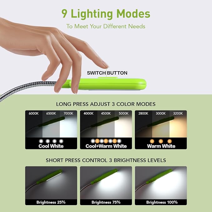 VAVOFO Rechargeable Book Light for Reading in Bed Kids, 7 LED Reading Light with 9-Level Warm Cool White Daylight, Eye Care Lamp with Power Indicator for Bookworms (Neon Green)