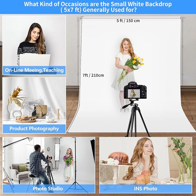 HEMMOTOP Photo Backdrop Curtains, 5x7 ft White Backdrop for Photoshoot, White Photography Seamless Backdrops Background for Easter, Birthday Party, Halloween, Photo, Projector Screen