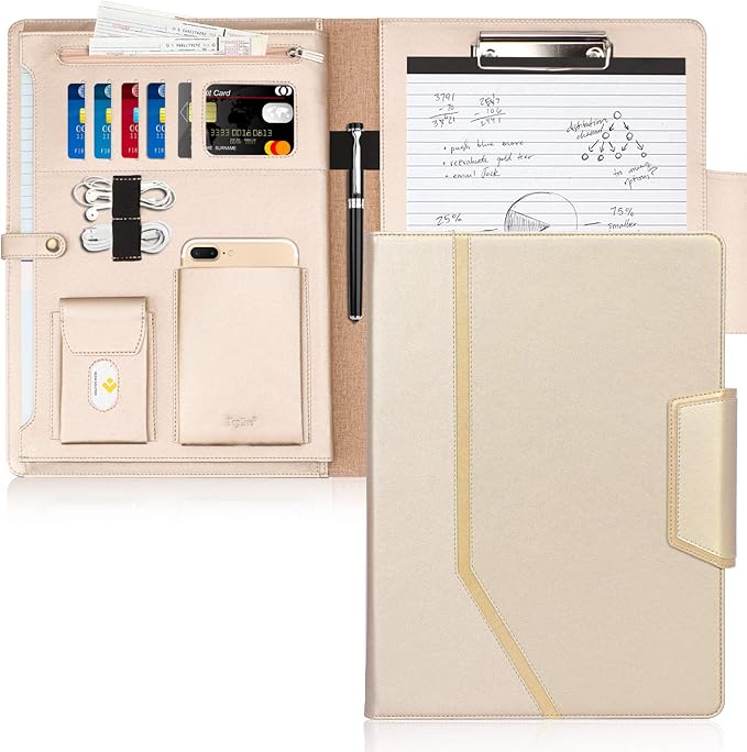 Toplive Padfolio Portfolio Case, Executive Business Padfolio with Document Sleeve, Letter/A4 Size Clipboard, Business Card Holders, Portfolio for Women & Men, Matte Gold