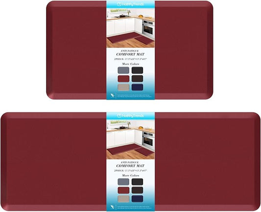 HappyTrends 2 PCS Kitchen Mat Cushioned Anti-Fatigue Floor Mat, Heavy Duty Ergonomic Comfort Foam Standing Mat,20"x30"+20"x47",Red