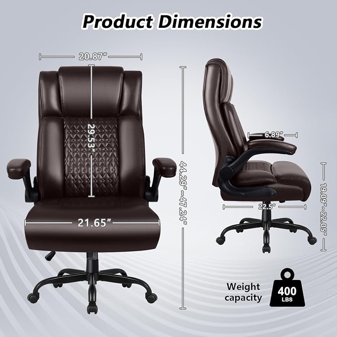 Office Chair, Big and Tall 400LBS Heavy Duty Executive Office Desk Chair with Flip-up Armrest, Ergonomic Swivel High Back Office Chairs with Lumbar Support, PU Leather (Brown)