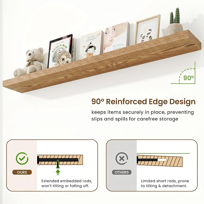 Marsmiles 55in Floating Shelves for Wall, 72" W x 9.25" D x 1.5" H, Long Wall Mounted Engineered Wood Shelves with Invisible Brackets for Living Room, Bedroom, Bathroom, Kitchen, Cedar, 2Pcs