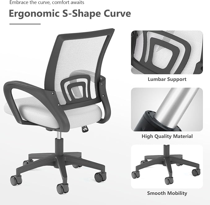 OS MOTOR Ergonomic Mid-Back Mesh Office Chair (White, 2 Pack) | Lumbar Support, Adjustable Height, Swivel Rolling Design, Comfy Armrest, Home, Office, Work, Study, Gaming, Vanity