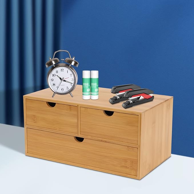Desk Organizer, 12*7.48*7.87inch Bamboo Desk Organizer Tabletop Storage Organization Box Mini Tabletop Storage Box Countertop Drawers with Baffles for Cosmetics Collections (12.99*7.48*6.3inch)