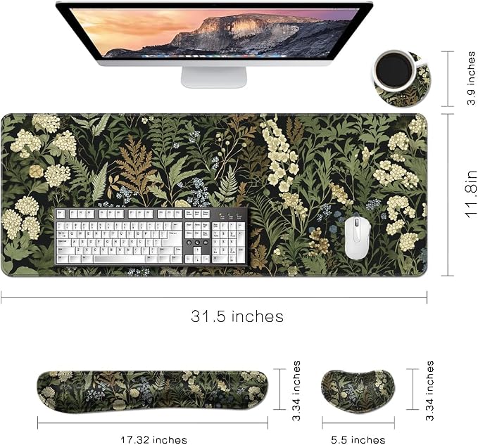 Desk Mat, Large Gaming Mouse Pad with Wrist Rest, 4 in1 XXL Mouse pad+Keyboard Wrist Rest+Mouse Pad Wrist Support+Cup Coaster Set, Ergonomic Desk Pad for Home Office,Weeds