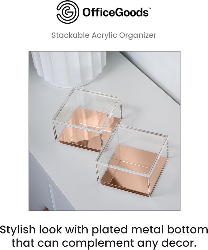 3-Tier Stackable Acrylic Holder, Clear with Rose Gold Base | Stylish desk organizer and storage for office or home, Transparent square design, Functional and elegant desk accessories