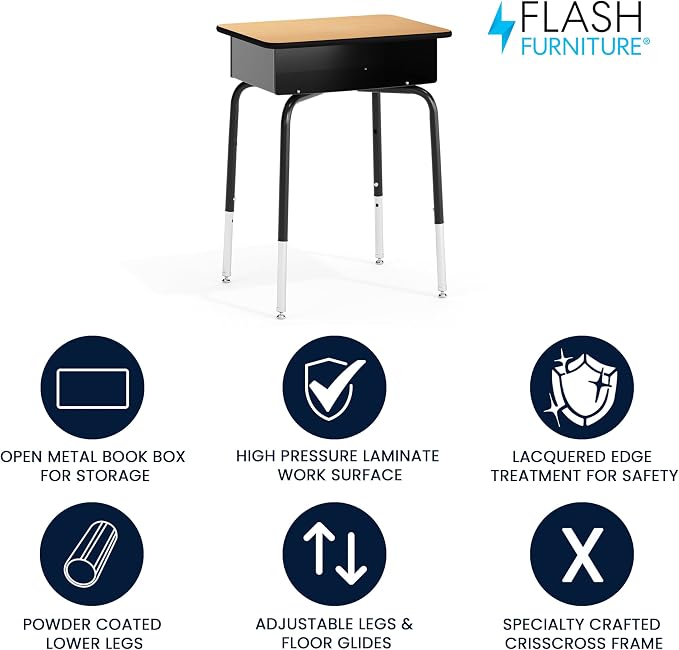 Flash Furniture Billie Student Desks with Open Front Metal Book Boxes - Natural, Set of 10