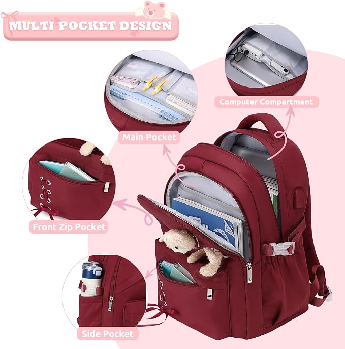 ACESAK School Backpack for Girls - 3 PCS Cute Girls Backpack with Lunch Box & Pencil Case - Kawaii Casual Kids Bookbag School Bag Daypacks Set for Elementary Middle High School Student Teens (Red)