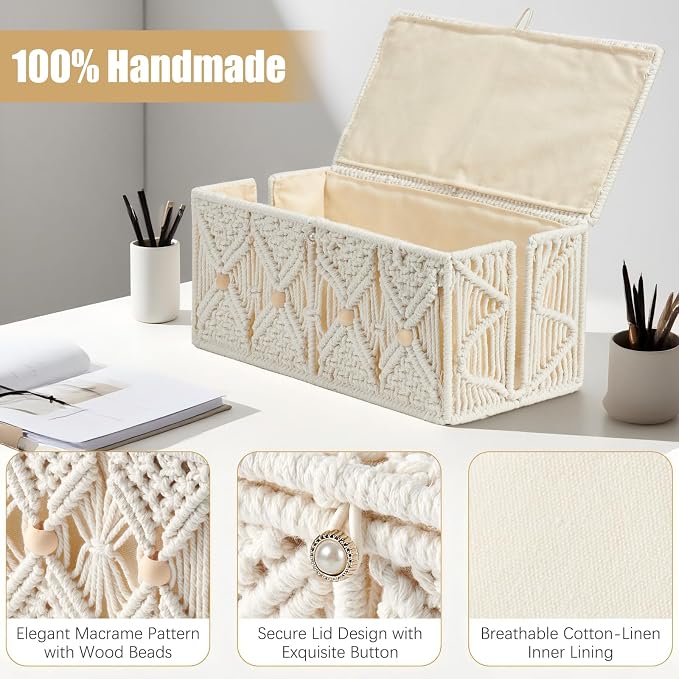 Cable Management Box Handmade Macrame Cord Storage Organizer | Power Strips Outlet Router Adapter TV Wire Hider Cover Under Desk Natural Cotton Rope Woven Basket w/ Lid, Off White, Large