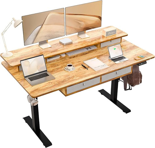 Electric Standing Desk with 4 Drawers, 63 * 30 Inches Extra Large Desktop, Electric Desk Adjustable Height with Storage, Home Office Workstation (Light Rustic Brown)
