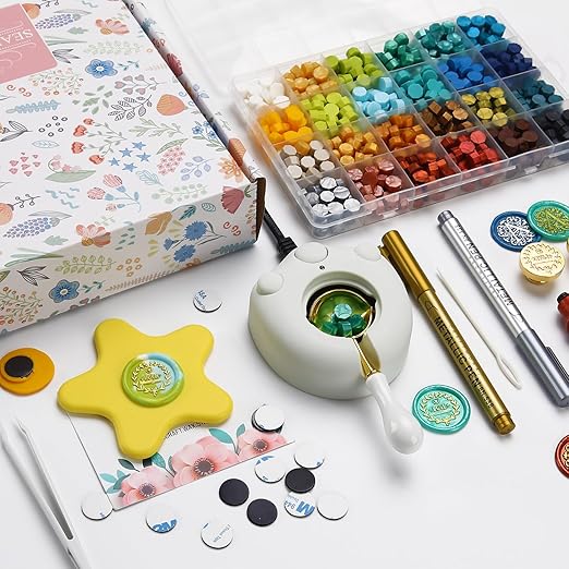 Flower Initial Alphabet B & Eucalyptus Wax Seal Stamp Kit with 2 Brass Head Electric Wax Seal Warmer & 600 Sealing Beads Ideal for Wedding Invitations Gift Wrapping Christmas (Floral B Kit)