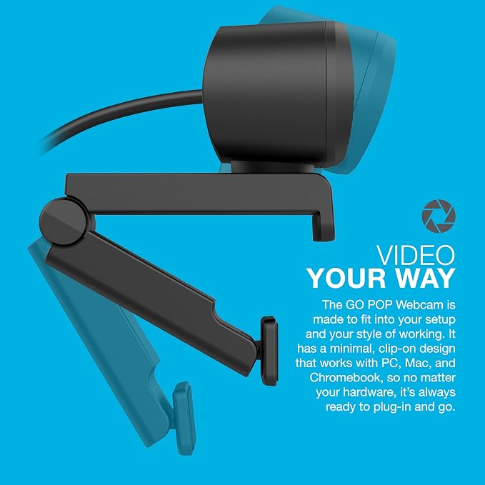 JLab Go Pop Cam, USB Webcam, 1080p, Built-in Privacy Shutter, Plug and Play, Black