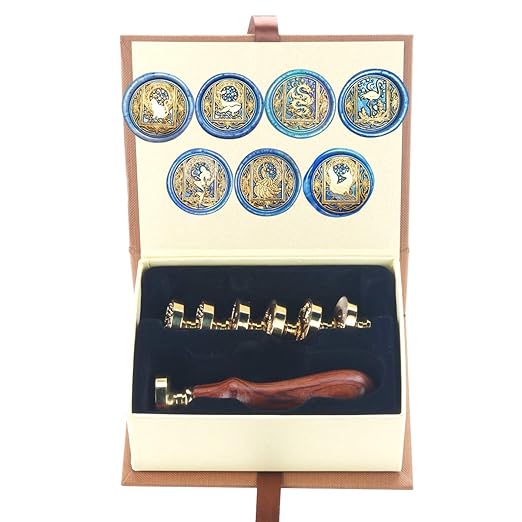 Wax Seal Stamp Kit, HOSAIL 7 Pieces Star Dragon Cat Peacock Whale Mermaid Fox Flamingo SealingWax Stamps Copper Seals + 1 Piece Wooden Hilt, Vintage Antique Moon Starry Cat Seal Wax Stamp Set