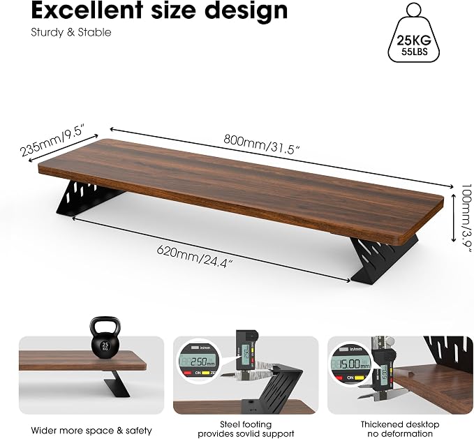 Fenge Monitor Stand Riser, 31.5 Inch Desk Top Shelf for 2 Monitors, Computer Stands for Desk, Wood & Steel Desktop Riser for Laptop, PC, Printer