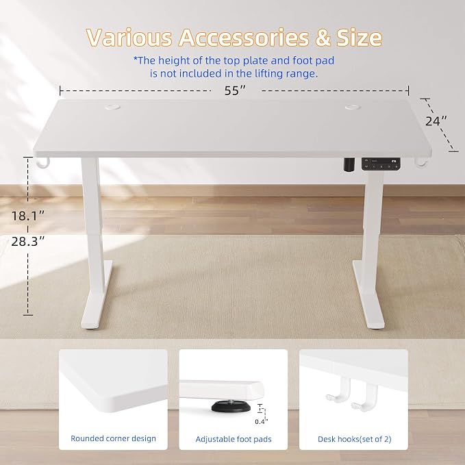 YIHAYO Low Height Adjustable Desk, Lifts 18.1-28.3 Inches, Electric Standing Desk for Short People, 55 x 24 Inches Computer Table with Splice Board for Home Office, White
