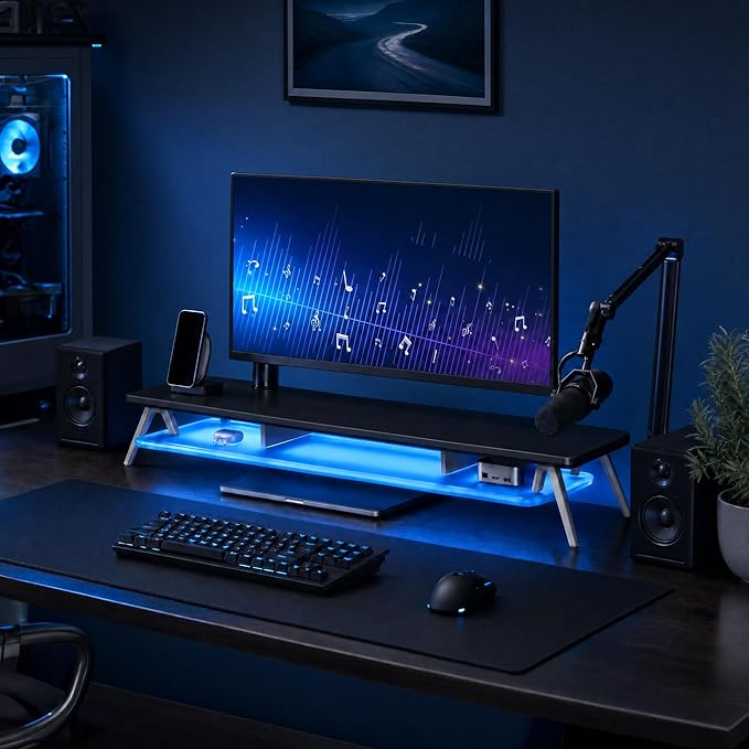 Fenge Dual Monitor Stand with 8-Mode LED Lights and Frosted Shelf, Black | Sturdy Aluminum Legs, Built-In Phone & Tablet Slot, 2-Tier Storage, 42.5-Inch Desk Shelf for Gaming, Home Office & Streaming
