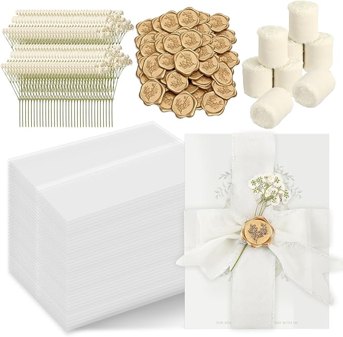Wedding Invitation Accessories Kit, Pre-Folded Vellum Jackets for 5×7 Invitations with Wax Seal Stickers, Ribbon & Dried Flowers, Elegant Wedding Invitation Accessories for DIY Bridal Invites (Off-White, 50)