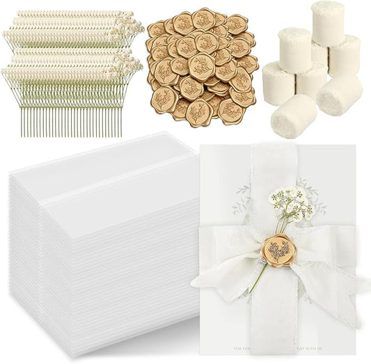 Wedding Invitation Accessories Kit, Pre-Folded Vellum Jackets for 5×7 Invitations with Wax Seal Stickers, Ribbon & Dried Flowers, Elegant Wedding Invitation Accessories for DIY Bridal Invites (Off-White, 50)
