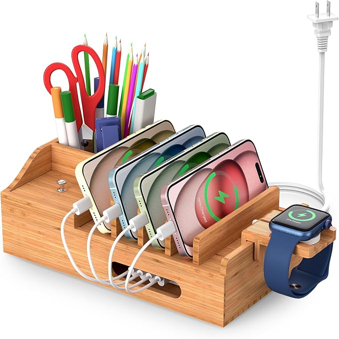 Bamboo Charging Station for Multiple Devices with USB Charger, 5 Cables | Pezin & Hulin Wood Desktop Dock Stations with Smart Watch Holder, Electronic Organizer for Cell Phone, Tablet, Watch