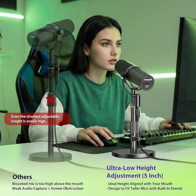 AA AUDIO ACCESSORY Short Mic Stand Desk, Ultra Low 5 Inch Adjustable, 6.6lbs Load Capacity, All-Metal Desktop Microphone Stand Table for Shure SM7B SM7dB MV7+ MV7X MV6, Fifine Yeti Rode PodMic MAONO