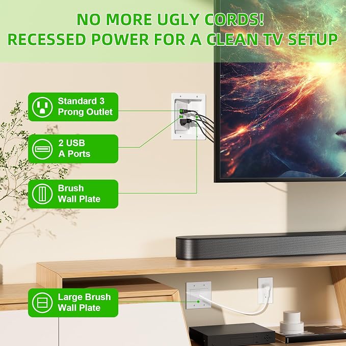 in Wall Cable Management Kit with Brush Wall Plate,AC Outlets & USB-a Ports,9ft Cord,Hide Cords Recessed Wall Outlet for TV Cable Management,HDMI Cables and Home Theater Systems