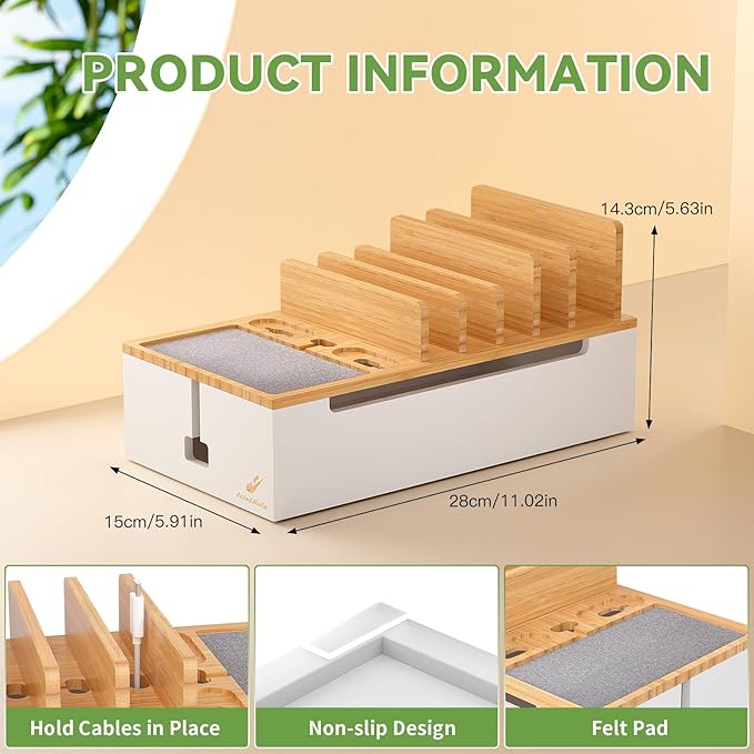 Pezin Hulin Multi Devices Charging Station - Natural +White | with USB Power Adapter, and 6 Wire Cables - Cord Organizer Management, Cell Phone Charger Dock Stand, Desktop Cord Hider Box