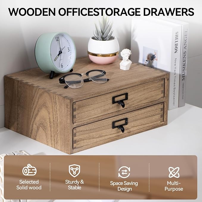 KIRIGEN Solid Wood Desk Organizer with 2 Drawers, Desktop Storage, Brown | 2-Drawer Cabinet for Printer Paper, Mail, Notebooks, and Office Supplies, 13.78 x 10.6 x 5.9 In, Fully Assembled