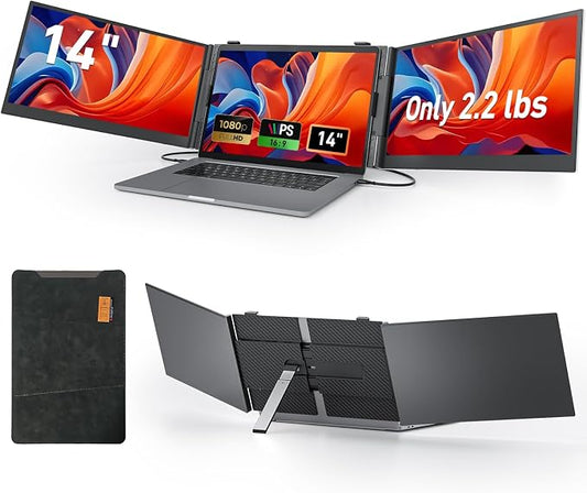 Vixtan 2.2lb Ultra-Light Laptop Screen Extender, 14.1" Triple Portable Monitor for Laptop, Ultra-Thin 1080P FHD Monitors for 13-17.3" Laptops, Triple Monitor Extended for Windows/Mac/Chrome
