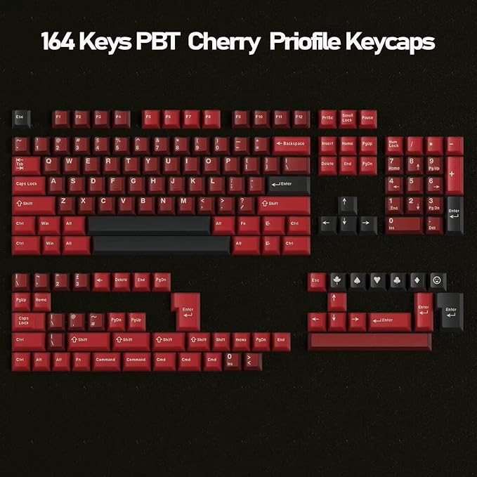 PBT Keycaps Set 164Keys Cherry Profile Red Black Keycaps 60% 65% 75% 100% Dye Sublimation Costom Key caps for Cherry Gateron MX Switches Mechanical Keyboards