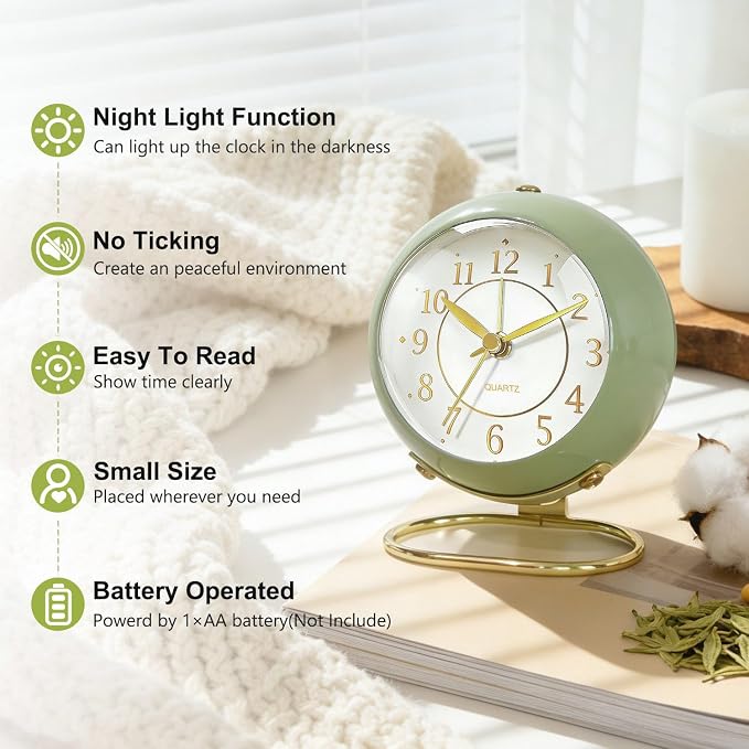 Analog Alarm Clock, Retro Small Desk Clock with Night Light, Cute Simple Design, Silent Non-Ticking, Battery Powered, Backlight Clock for Bedroom,Travel,Kitchen,Bedside Desktop Decor