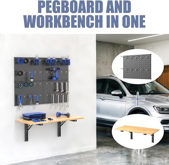 WALMANN Space Saving Wall Mounted Folding Workbench with Pegboard Kit, Heavy Duty Folding Wall Table/Desk for Garage, Workshop, Holds Up to 150 lbs(Tabletop Size: 31.5 x 15.75 in)