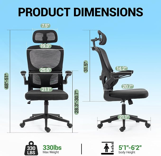 Ergonomic Office Chair with Flip-up Arms, Black | Home Desk Chair w/ Coat Hook, Adjustable Headrest and Lumber Support, Mesh Computer Gaming Chair, 330 LBS