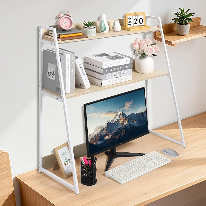 2-Tier Desktop Bookshelf & Hutch, Fits Over Large Monitors, Desk Organizer with Metal Frame, Vertical Storage for Small Desks, Home Office, Dorm, Makeup Vanity