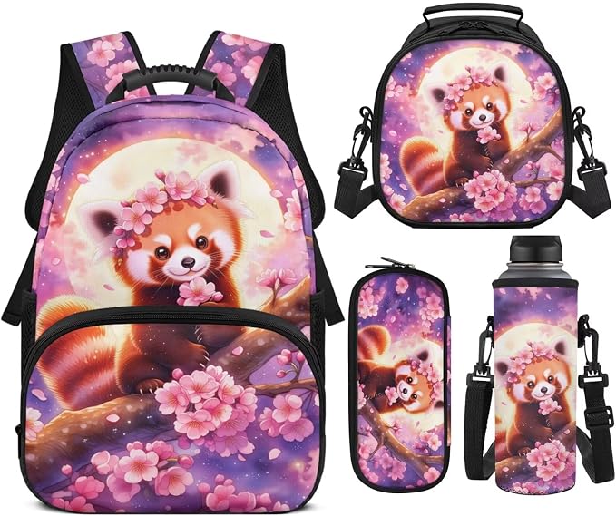 Red Panda Backpack Set for Girls – 17 Inch Cute Cartoon Bookbag with Lunch Bag, Cherry Blossoms Backpacks for 1st 2nd 3rd Grade Elementary Kids Ages 6-8 Back to School