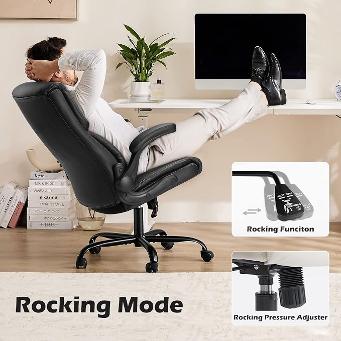 DUMOS PU Leather Office Chair - Ergonomic Executive Computer Desk Chairs with Adjustable Flip-up Armrest, Swivel Task Chair with Lumbar Support, Strong Metal Base,Inky