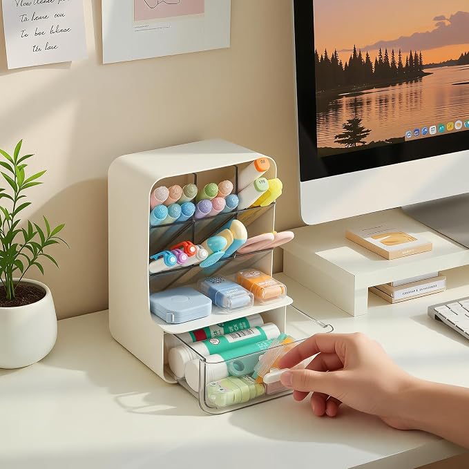 LETURE Desk Organizer with Vertical 6-Compartment & Drawer, Stationery & Makeup Storage, Pen Holder for Office, Home, Art Supplies, Desk Accessories for Desktop Dresser (White)