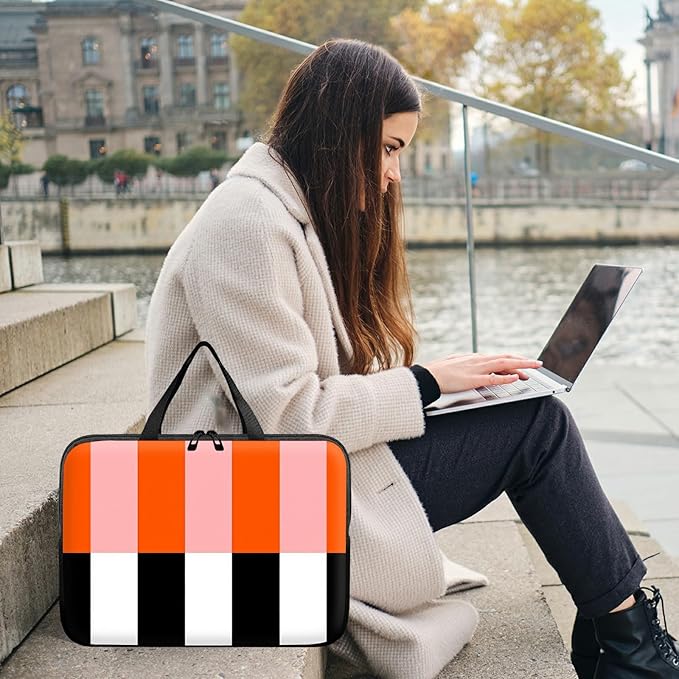 Universal Tablet Laptop Sleeve Case 10 inch, Orange Black White Stripes Slim Carrying Case Travel Laptop Bag Durable Handbag for 7 to 10-inch Laptops/Notebook/Kids Tablet/ipad/eBook Readers