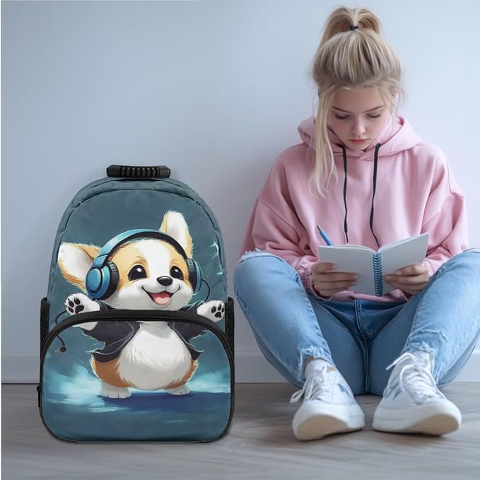 Ystardream Baby Corgi Backpack for Girls Elementary Backpack with Lunch Box & Pencil Case & Water Bottle Sleeve,Teen Kids Sturdy Schoolbag Book Bag Set 4 In 1 Back to School Supplies