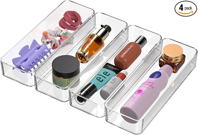 Clear Acrylic Drawer Organizer Bins: Plastic Organizers Tray For Bathroom | Stackable narrow small drawer organizer kitchen utensil desk junk makeup