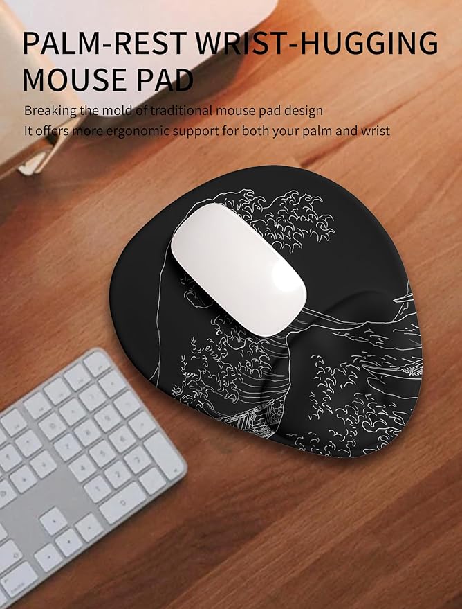 Palm-Rest and Wrist-Hugging Mouse Pad Wrist Rest, Ergonomic Wrist Support with Curve Fitting Cushioned Memory Foam for Carpal Tunnel Pain Relief, 9.9 x 8.3 Inch, Waves