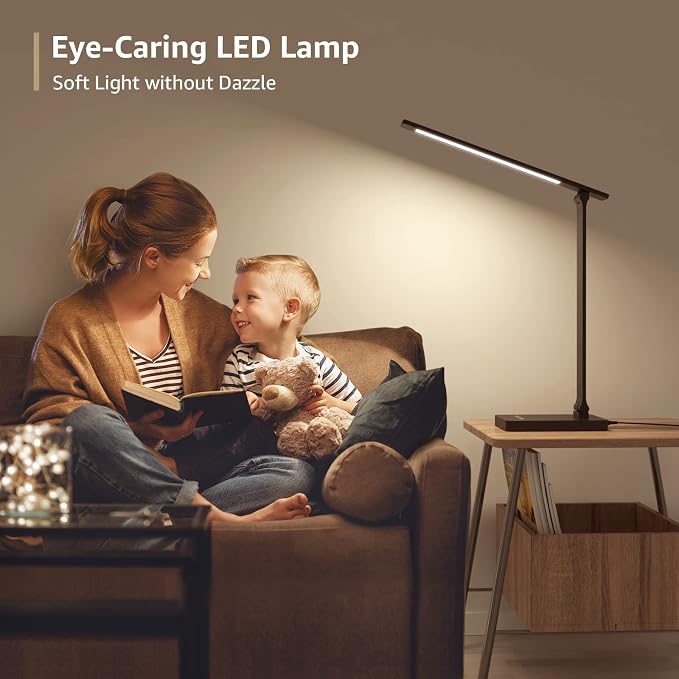 Lepro LED Desk Lamp with USB Charging Port,650LM Dimmable Home Office Touch Control Reading Table Lamp,5 Color Modes with 5 Brightness,College Dorm Room Essentials, Eye Caring, Sewing, Crafting, Black