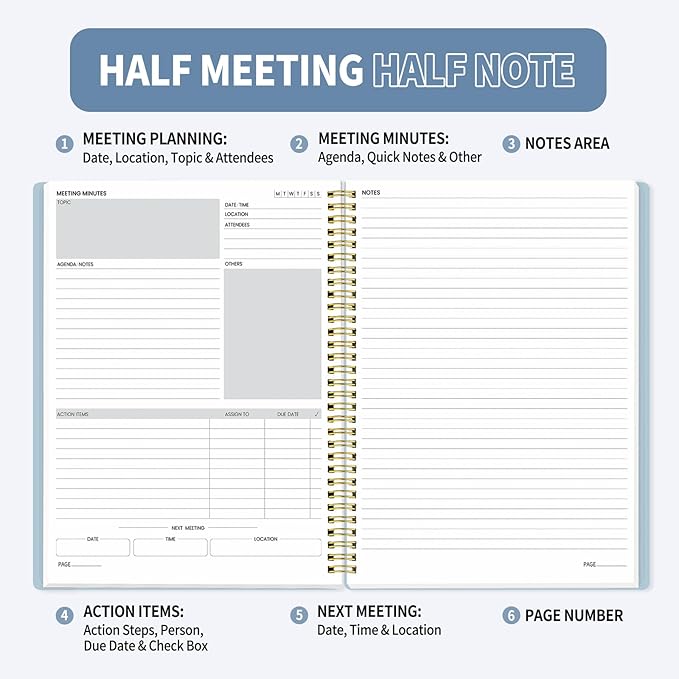 SUNEE Half Meeting Half Note - 8.5"x11" Professional Notebooks for Work - 160 Pages, A4 Size Project Planner, Spiral Meeting Agenda/Minutes Organizer for Women, Note Taking, Office&Business, Blue