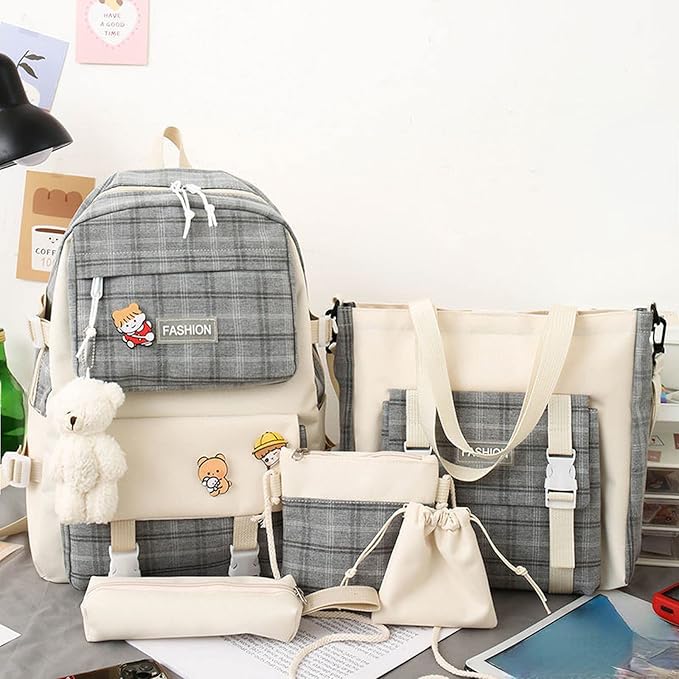 Aobiono 5Pcs Kawaii Plaid Backpack Set Aesthetic Preppy Cute Check with Pins Bear Pendant Light Academia School Supplies Kit